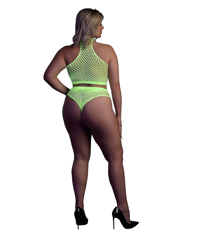 Ouch! Glow in the Dark Neon Crop Turtleneck Met Hoge Taille Slip Voor UV-Actieve Lingerie