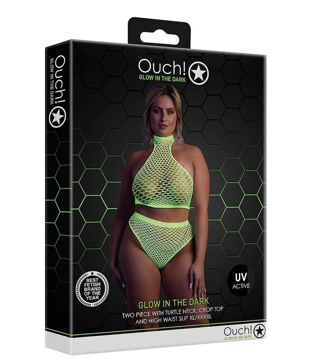 Ouch! Glow in the Dark Neon Crop Turtleneck Met Hoge Taille Slip Voor UV-Actieve Lingerie