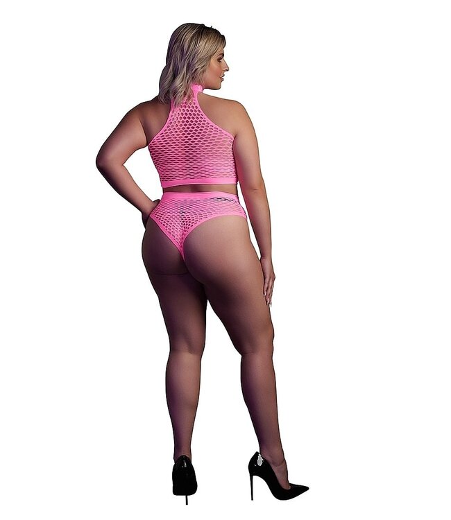 Ouch! Glow in the Dark Neon Pink Turtleneck & Briefs - UV-Activated Plus Size Party Lingerie