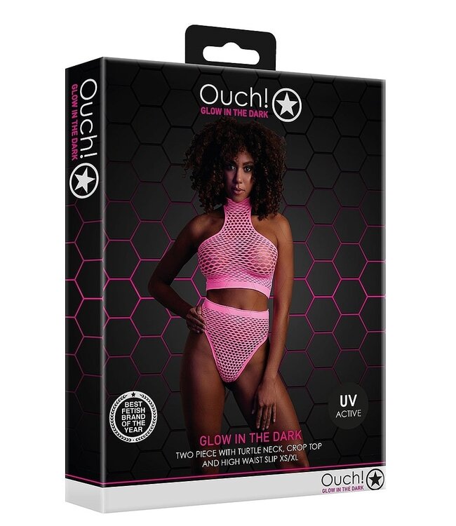 Ouch! Glow in the Dark UV-Actieve Neon Crop Top Met Turtleneck En Hoge Taille Slip – Plus Size