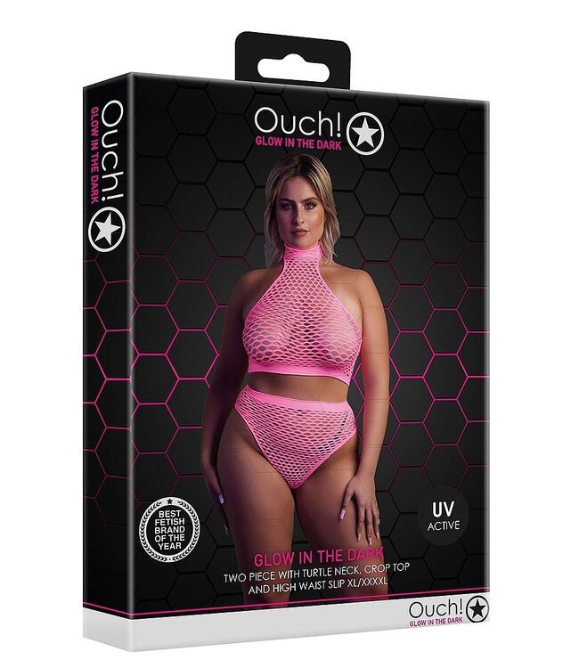 Ouch! Glow in the Dark UV-Actieve Neon Crop Top Met Turtleneck En Hoge Taille Slip – Plus Size