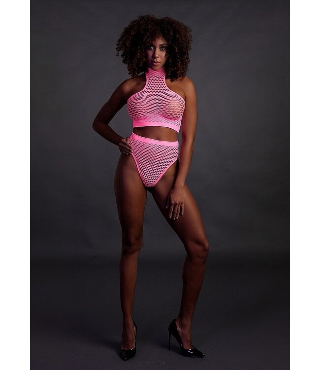 Ouch! Glow in the Dark Neon Pink Turtleneck & Briefs - UV-Activated Plus Size Party Lingerie