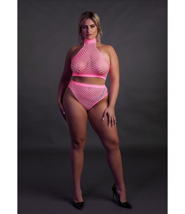 Ouch! Glow in the Dark Neon Pink Turtleneck & Briefs - UV-Activated Plus Size Party Lingerie