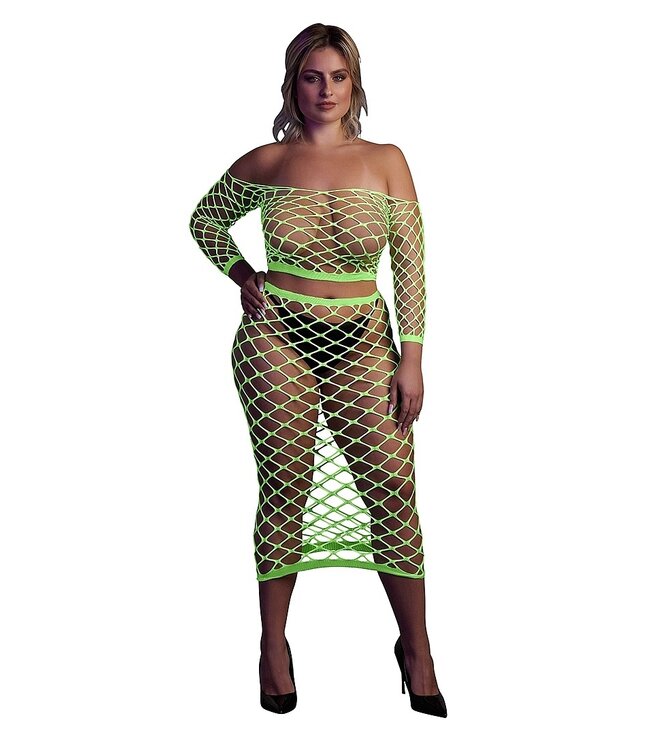 Ouch! Glow in the Dark UV-aktive Neon-Lingerie: Crop-Top & langer Rock in strahlendem Neongrün