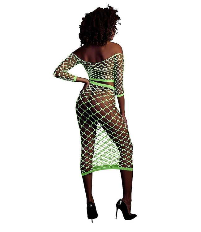 Ouch! Glow in the Dark Neon Groen UV-Actieve Off-Shoulder Crop Top Met Lange Mouwen En Rok