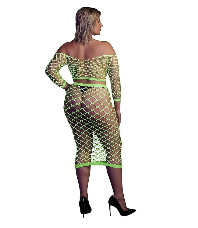 Ouch! Glow in the Dark Neon Groen UV-Actieve Off-Shoulder Crop Top Met Lange Mouwen En Rok