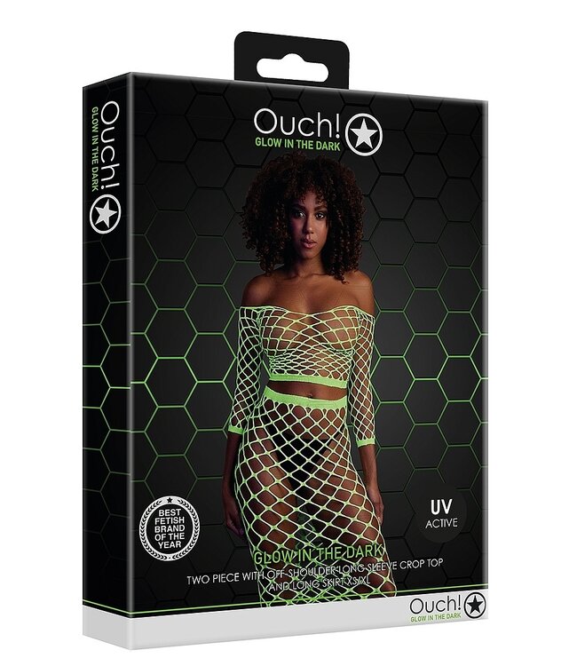 Ouch! Glow in the Dark Neon Groen UV-Actieve Off-Shoulder Crop Top Met Lange Mouwen En Rok