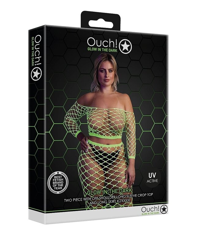 Ouch! Glow in the Dark Neon Groen UV-Actieve Off-Shoulder Crop Top Met Lange Mouwen En Rok