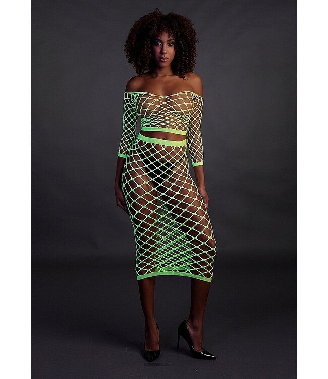 Ouch! Glow in the Dark UV-aktive Neon-Lingerie: Crop-Top & langer Rock in strahlendem Neongrün