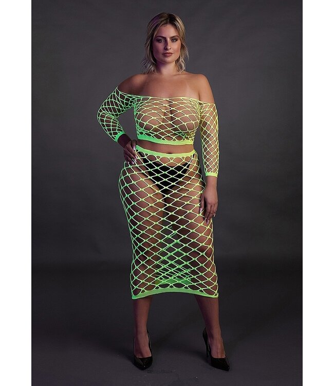Ouch! Glow in the Dark UV-aktive Neon-Lingerie: Crop-Top & langer Rock in strahlendem Neongrün