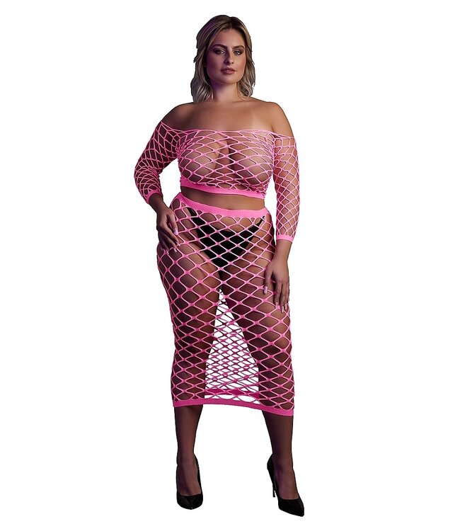 Ouch! Glow in the Dark UV-Actieve Neon Roze Off-Shoulder Crop Top Met Lange Rok Plus Size Set