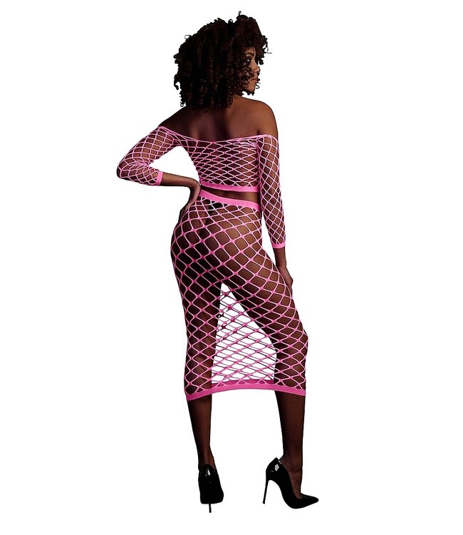 Ouch! Glow in the Dark UV-Actieve Neon Roze Off-Shoulder Crop Top Met Lange Rok Plus Size Set