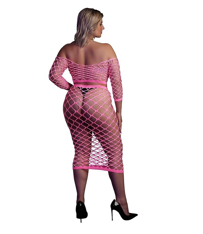 Ouch! Glow in the Dark UV-Actieve Neon Roze Off-Shoulder Crop Top Met Lange Rok Plus Size Set