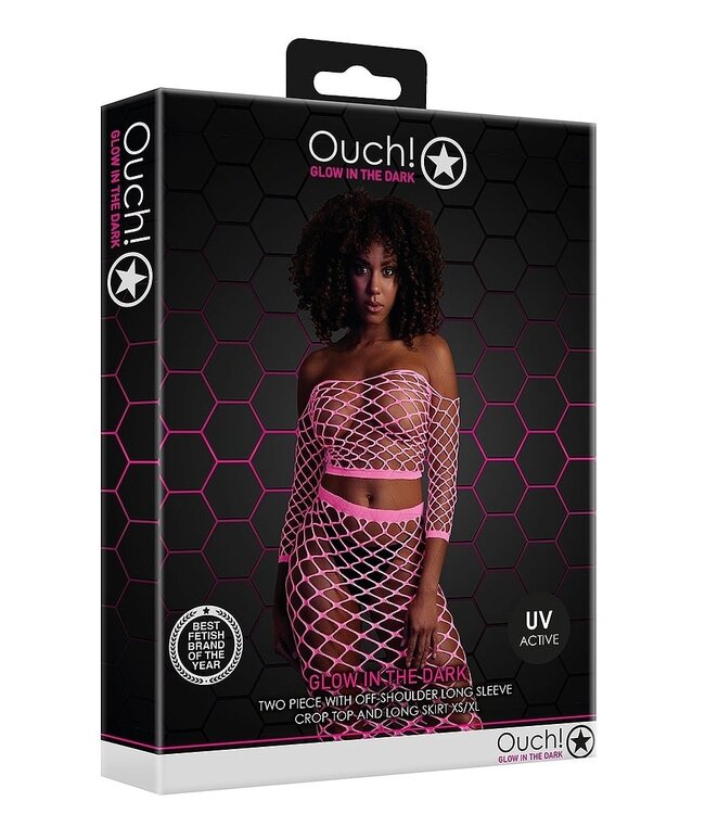 Ouch! Glow in the Dark Neon Pink Off-Shoulder Crop Top & Long Skirt Plus Size Set