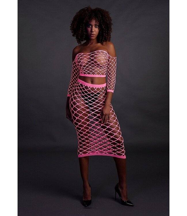 Ouch! Glow in the Dark UV-Actieve Neon Roze Off-Shoulder Crop Top Met Lange Rok Plus Size Set