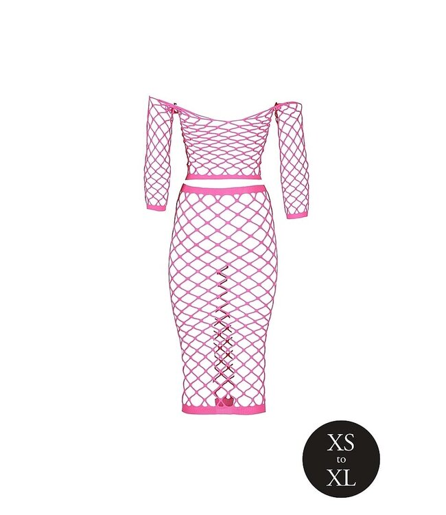 Ouch! Glow in the Dark UV-Actieve Neon Roze Off-Shoulder Crop Top Met Lange Rok Plus Size Set