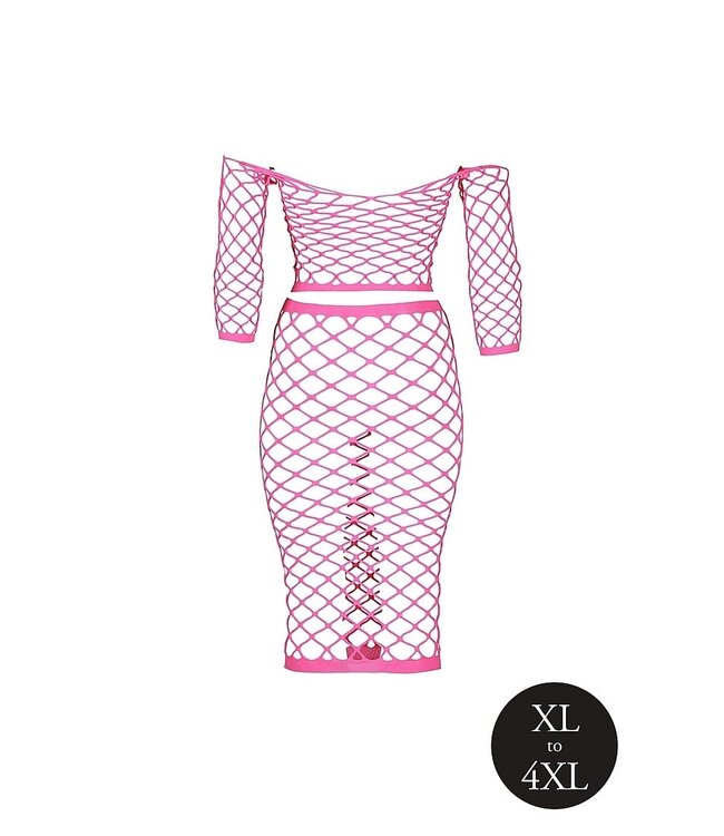 Ouch! Glow in the Dark UV-Actieve Neon Roze Off-Shoulder Crop Top Met Lange Rok Plus Size Set