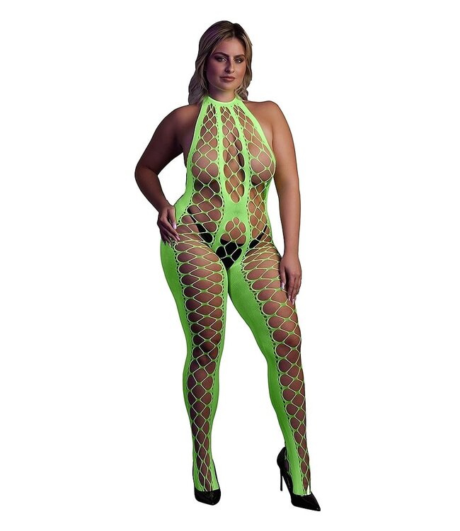 Ouch! Glow in the Dark Plusmaat Neon Halterneck Bodystocking Met UV-Actieve Stof Groen