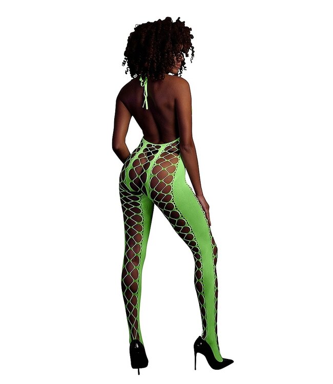 Ouch! Glow in the Dark Plusmaat Neon Halterneck Bodystocking Met UV-Actieve Stof Groen
