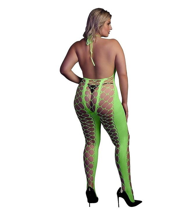Ouch! Glow in the Dark Neon Grüner Bodystocking mit Neckholder Plus Size | Ouch! Shots