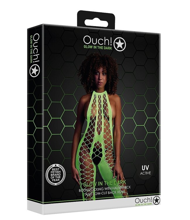 Ouch! Glow in the Dark Neon Green Plus Size Halter Neck Bodystocking | Ouch! Shots Lingerie