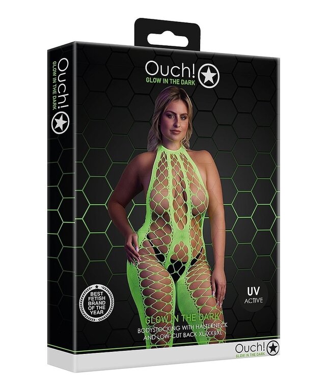 Ouch! Glow in the Dark Plusmaat Neon Halterneck Bodystocking Met UV-Actieve Stof Groen