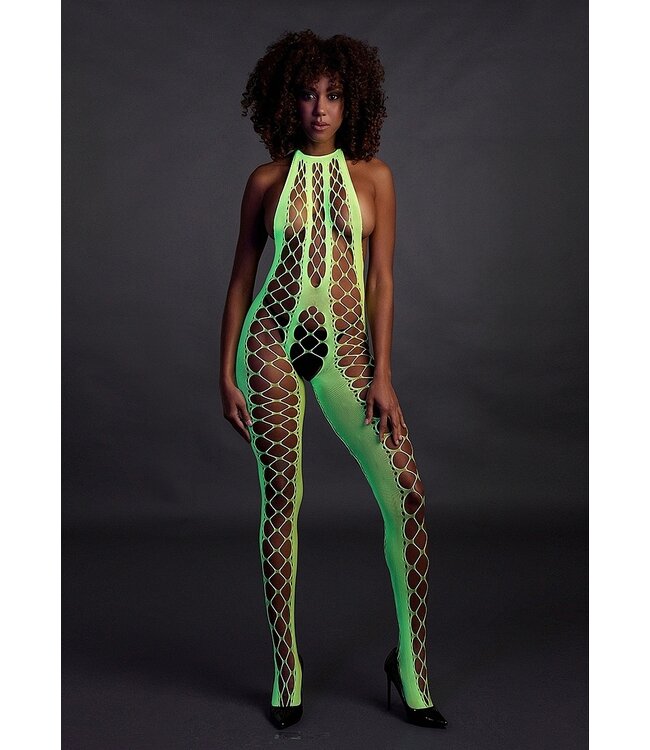Ouch! Glow in the Dark Neon Grüner Bodystocking mit Neckholder Plus Size | Ouch! Shots
