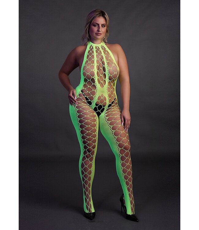 Ouch! Glow in the Dark Neon Green Plus Size Halter Neck Bodystocking | Ouch! Shots Lingerie