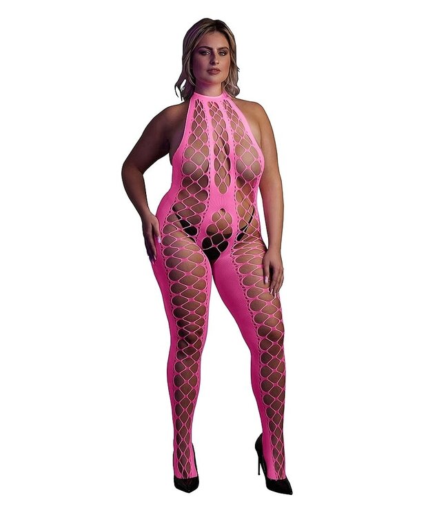Ouch! Glow in the Dark Neonroze Bodystocking Met Halternek En Lage Rug UV-Actief – Ouch! By Shots