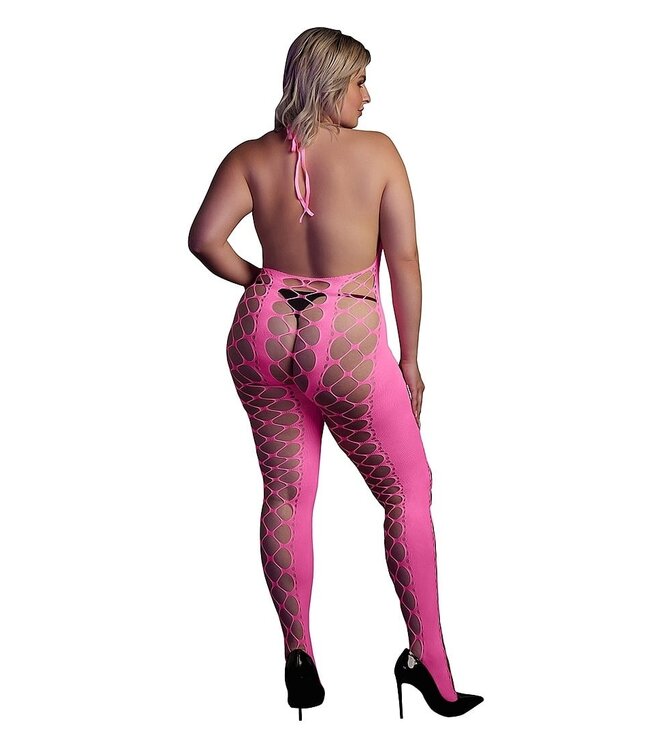 Ouch! Glow in the Dark Neonroze Bodystocking Met Halternek En Lage Rug UV-Actief – Ouch! By Shots