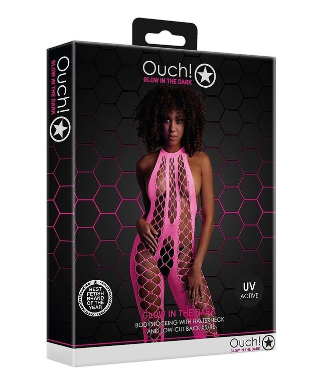 Ouch! Glow in the Dark Neon Pink Halter Neck Bodystocking – Stretchy & UV-Activated Lingerie