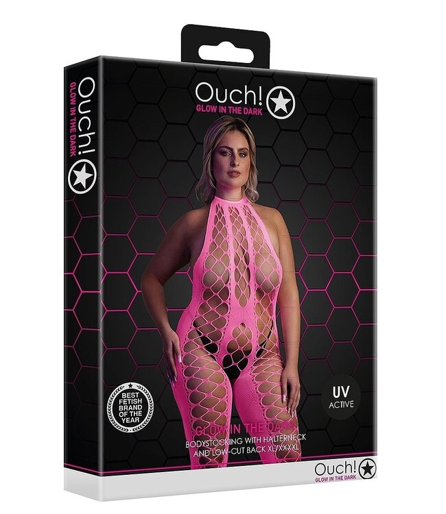 Ouch! Glow in the Dark Neon Pink Halter Neck Bodystocking – Stretchy & UV-Activated Lingerie