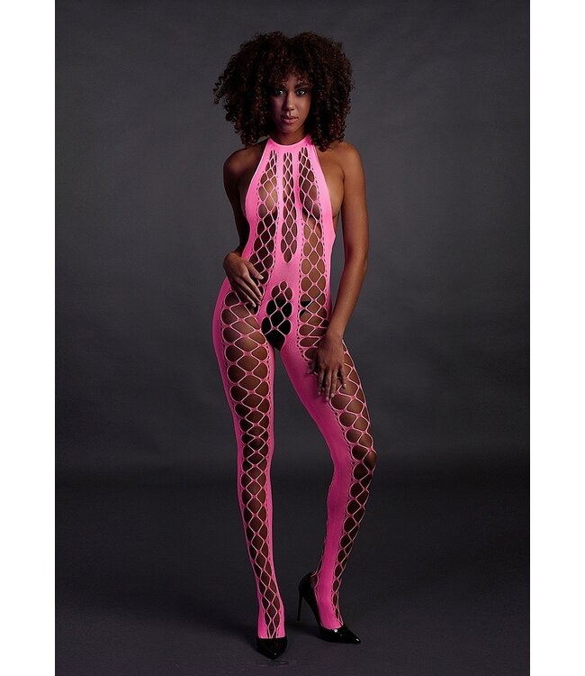 Ouch! Glow in the Dark Neon Pink Halter Neck Bodystocking – Stretchy & UV-Activated Lingerie