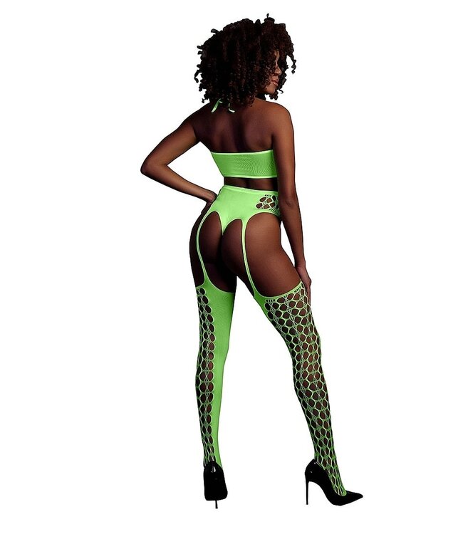 Ouch! Glow in the Dark Neon Two-Piece Set: UV-Activated Crop Top & Suspender Stockings