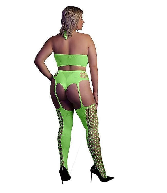 Ouch! Glow in the Dark Neon UV-Reactive Tweedelige Lingerie Set Met Crop Top En Jarretelkousen Plus Maten