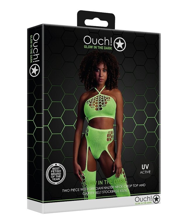 Ouch! Glow in the Dark Neon Two-Piece Set: UV-Activated Crop Top & Suspender Stockings