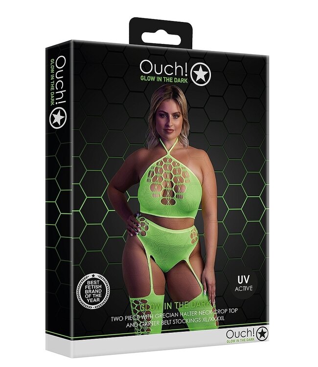Ouch! Glow in the Dark Neon UV-Reactive Tweedelige Lingerie Set Met Crop Top En Jarretelkousen Plus Maten