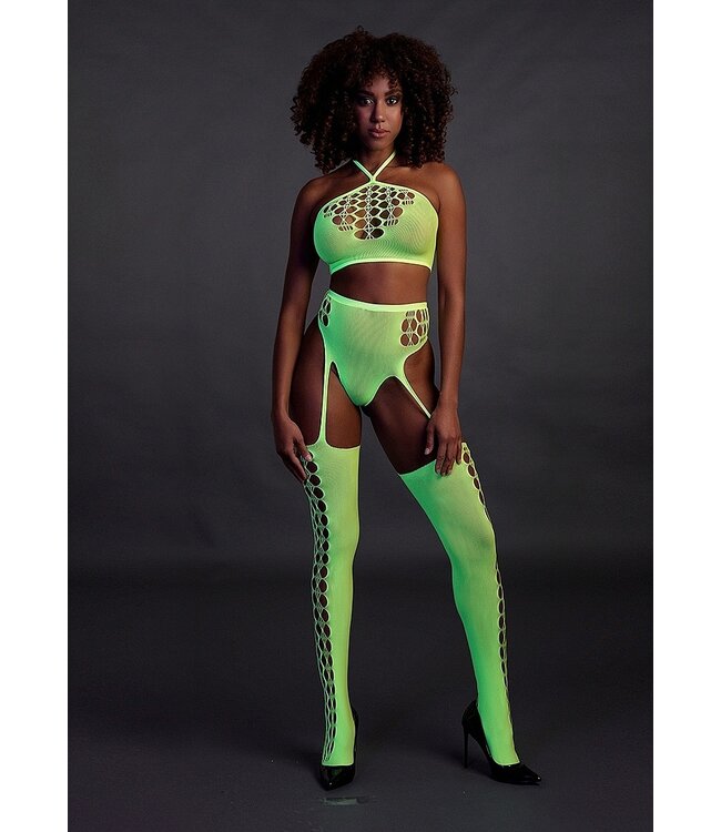 Ouch! Glow in the Dark Neon UV-Reactive Tweedelige Lingerie Set Met Crop Top En Jarretelkousen Plus Maten