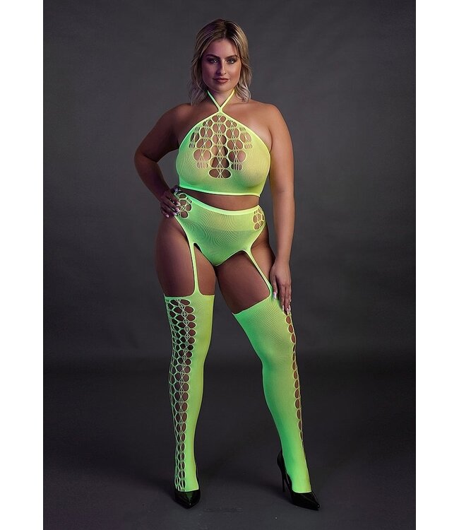 Ouch! Glow in the Dark Neon UV-Reactive Tweedelige Lingerie Set Met Crop Top En Jarretelkousen Plus Maten