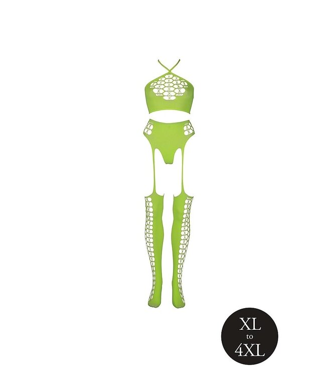 Ouch! Glow in the Dark Neon UV-Reactive Tweedelige Lingerie Set Met Crop Top En Jarretelkousen Plus Maten