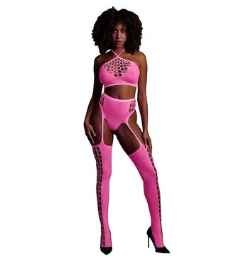 Ouch! Glow in the Dark Neon Pink Plus Size Lingerie Set: Crop Top & Stockings for Parties