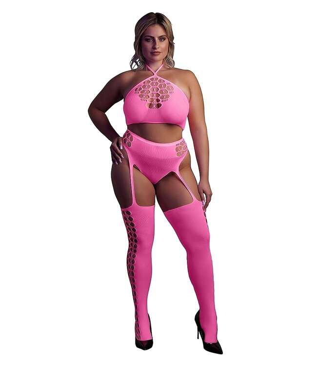 Ouch! Glow in the Dark Neon Pink Plus Size Lingerie Set: Crop Top & Stockings for Parties