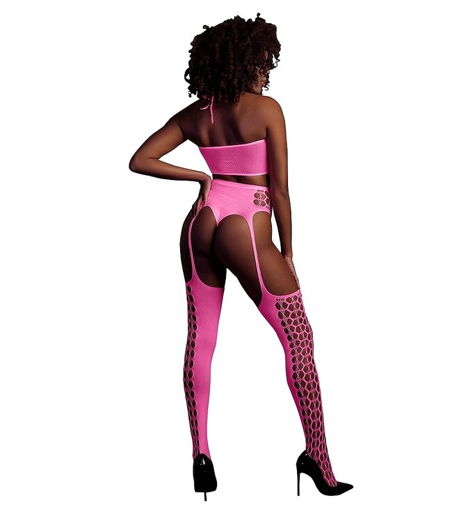 Ouch! Glow in the Dark Neon Roze UV-Actieve Plus Size Lingerie Set Met Crop Top En Jarretelkousen