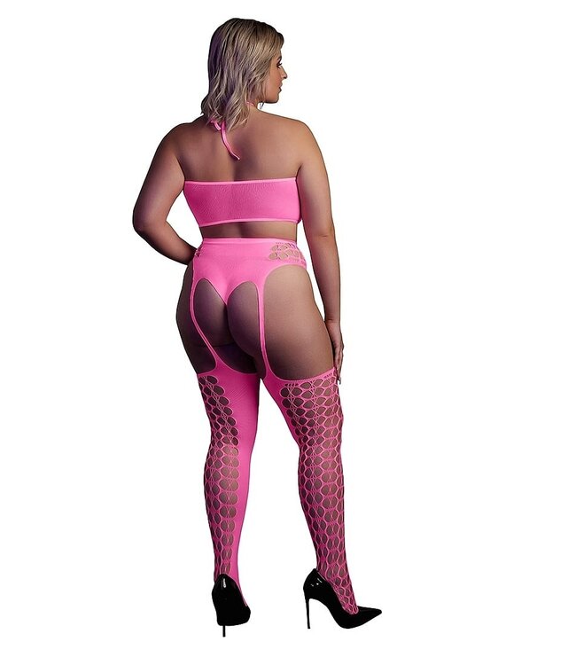 Ouch! Glow in the Dark Neon Roze UV-Actieve Plus Size Lingerie Set Met Crop Top En Jarretelkousen