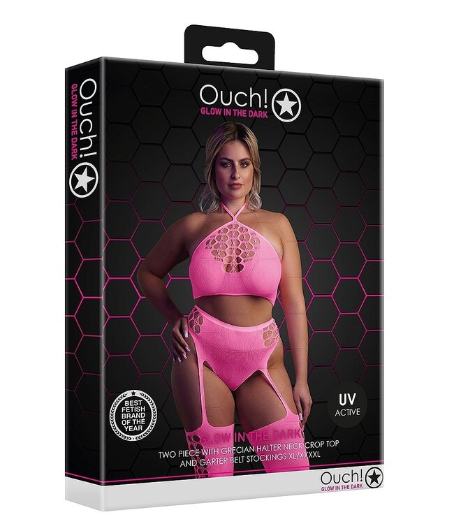 Ouch! Glow in the Dark Neon Roze UV-Actieve Plus Size Lingerie Set Met Crop Top En Jarretelkousen