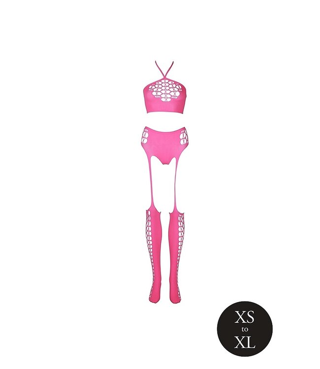 Ouch! Glow in the Dark Neon Roze UV-Actieve Plus Size Lingerie Set Met Crop Top En Jarretelkousen