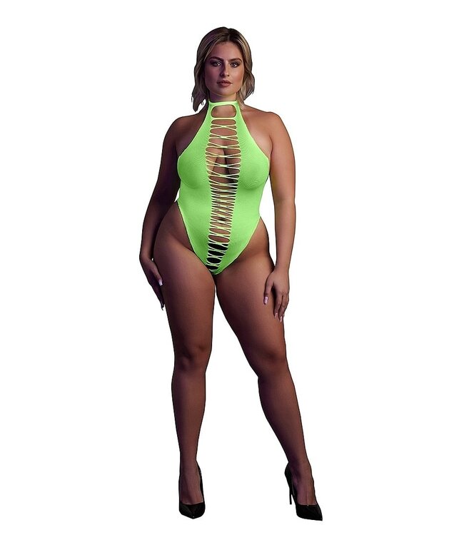 Ouch! Glow in the Dark UV-aktiver Hoch geschnittener Body in Neongrün | Sexy Neon-Lingerie