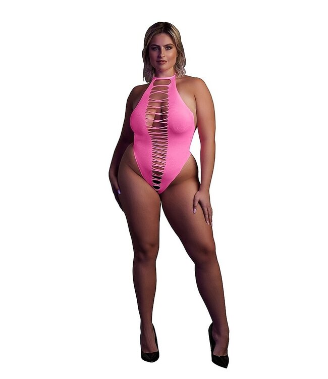 Ouch! Glow in the Dark Neon Pink High-Cut Bodysuit | Plus Size Lingerie XS-XXXL
