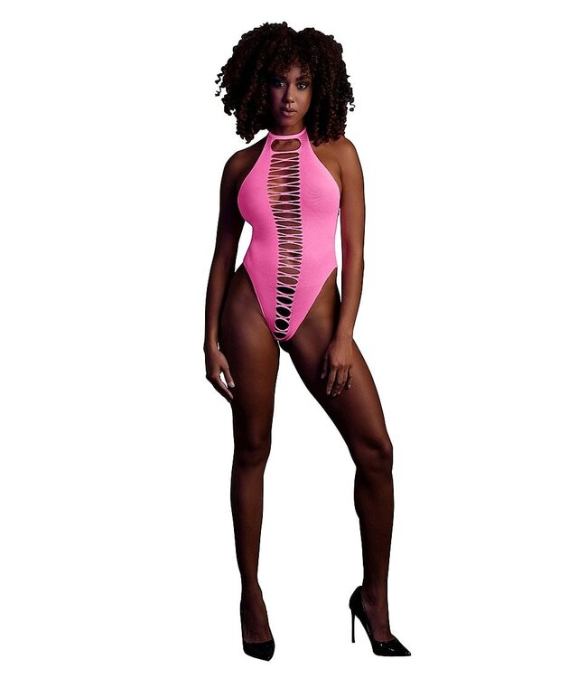 Ouch! Glow in the Dark Neon Pink High-Cut Bodysuit | Plus Size Lingerie XS-XXXL