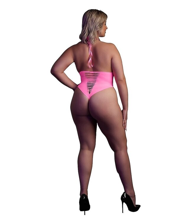 Ouch! Glow in the Dark Neon Pink High-Cut Bodysuit | Plus Size Lingerie XS-XXXL
